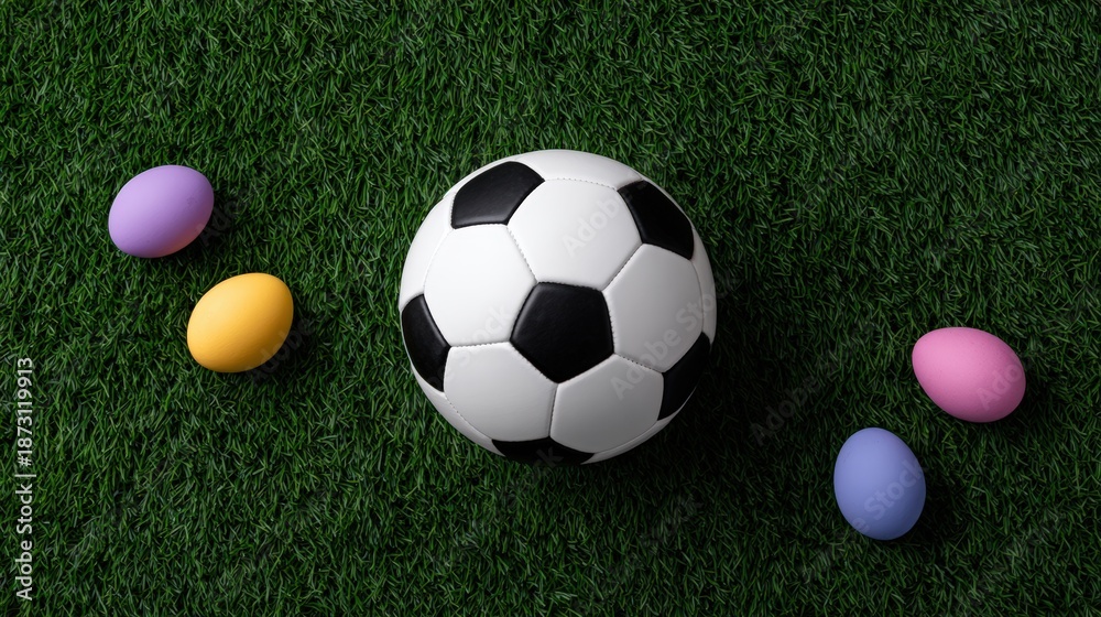 Naklejka premium Soccer ball surrounded by colorful Easter eggs on vibrant green grass, creating a playful and festive atmosphere for spring celebrations and outdoor activities