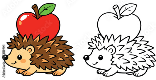 Cute cartoon hedgehog carrying a red apple vector illustration with coloring page outline Happy forest animal character with fruit for kids activity