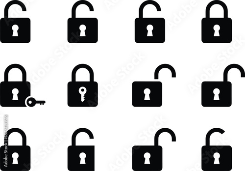 Comprehensive padlock security icon set featuring multiple locked and unlocked states, including padlocks with keys for authentication and access control vector design.