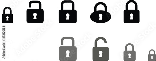 Comprehensive padlock icon set in various sizes and states including locked, unlocked, and grayscale variants for security interface and privacy vector design.