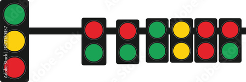 Vector set of traffic light signals showing red yellow and green lamps for road safety transportation and street regulation concepts