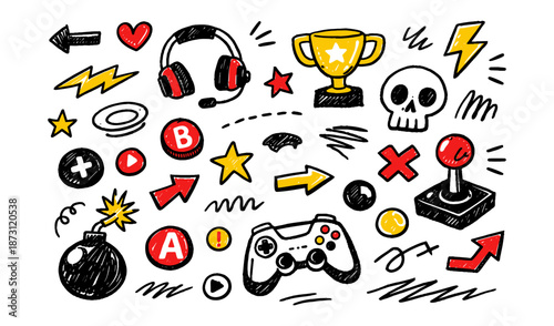 Doodle style collection of video game icons and symbols on a white background