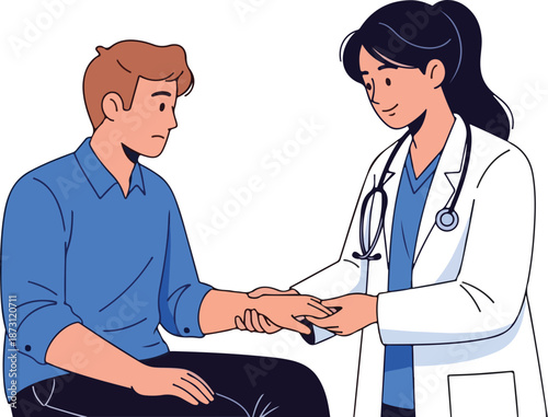 Female doctor examining male patients wrist in a medical consultation.