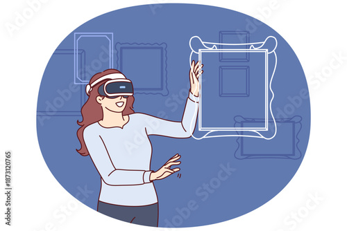Woman in VR headset stands among virtual paintings visiting digital museum or contemporary art exhibition. Girl in VR glasses is delighted to find herself in exhibition center with augmented reality