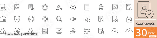 Flat line vector compliance icon set showing regulation, policy, and governance concepts in clean minimal style. Perfect for legal, corporate, and business compliance design use.compliance, regulation