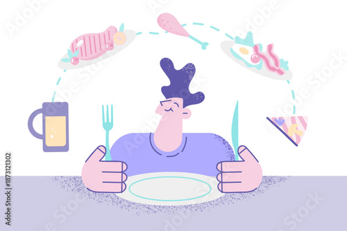 Happy man sit at table think of dish to order