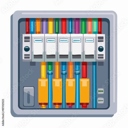Vibrant vector illustration of a modern electrical circuit breaker panel, featuring various fuses and multicolored wiring, symbolizing power distribution and safety infrastructure