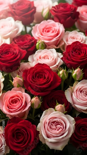 A beautiful bouquet of red and pink roses in full bloom