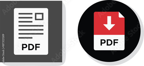 PDF document file format and download button icons for digital document management electronic filing and web interface vector design.