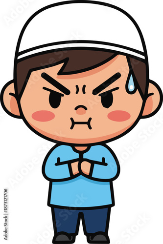 A cute Muslim boy character wearing a blue shirt and white skullcap, showing an angry and grumpy facial expression with puffed cheeks and folded hands.