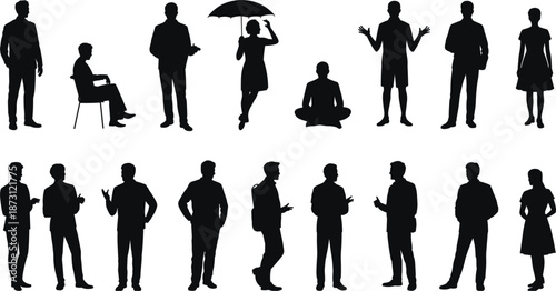 Collection of adult male and female silhouettes in different poses and interactions on white background