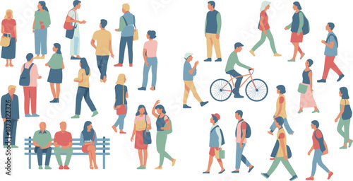 Diverse Group Of People In Flat Design Style Walking Sitting And Cycling Keywords: people, group, diverse, flat design, walking