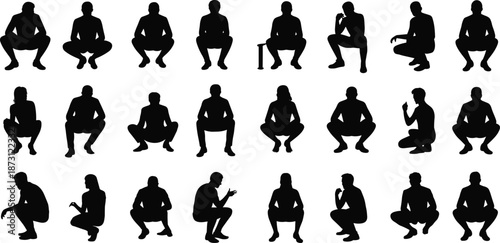 Diverse group of people in squatting poses in silhouette sitting