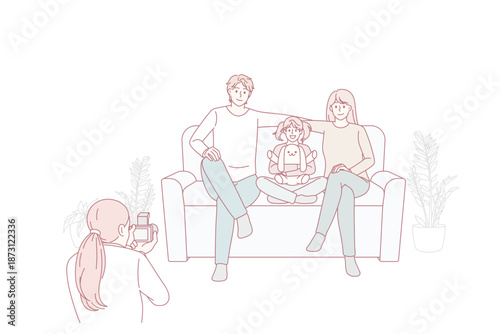 Family photosession and lifestyle concept. Woman photographer standing taking photo of young happy family with daughter sitting on coach smiling vector illustration