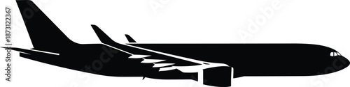 Detailed black commercial passenger airplane silhouette for airline travel tourism global logistics transportation and international aviation business design.