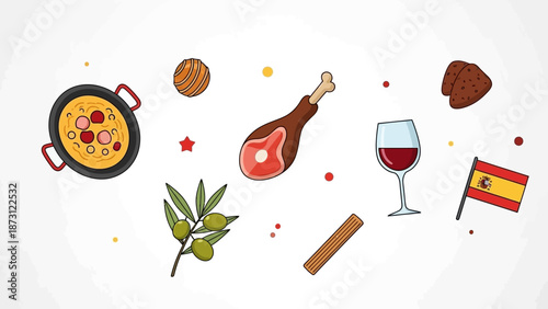 Spanish Food and Culture Icons: Paella, Ham, Olives, Wine, Flag