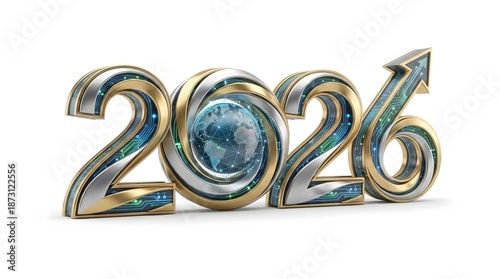 3D metallic number 2026 with digital circuit texture and globe inside zero,representing technology innovation,futuristic design and global digital transformation