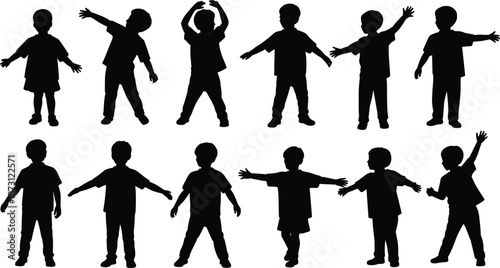 Diverse Silhouettes of Children in Various Poses and Actions on White Background kids
