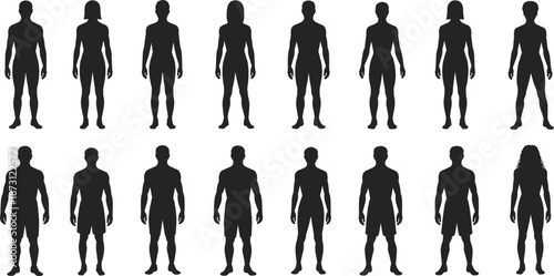 Diverse Silhouettes of Men and Women Standing in Rows on White Background people woman