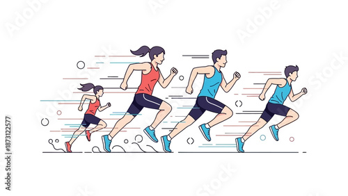 Family Running Race - Active Lifestyle Vector Illustration