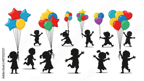 Happy Children Silhouettes Holding Colorful Balloons