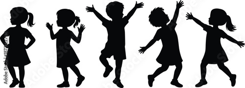 Energetic Silhouettes of Children Playing and Dancing on White Background Keywords: silhouette, children, kids, playing, dancing