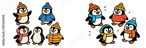 Fun winter activities with cheerful penguins in cozy attire