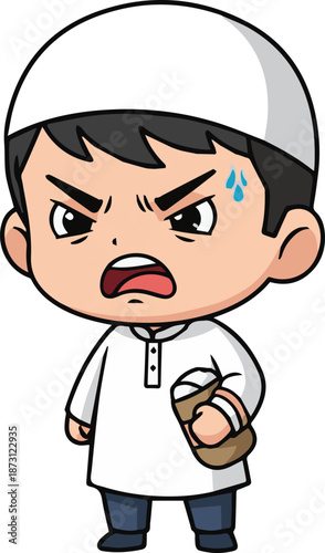 A fierce Muslim boy character showing intense anger, with an open mouth as if shouting, sweating, and furrowed brows, expressing strong negative emotion.