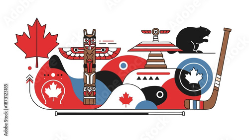 Canada Culture Abstract Icons: Maple Leaf, Totem, Beaver, Hockey Stick
