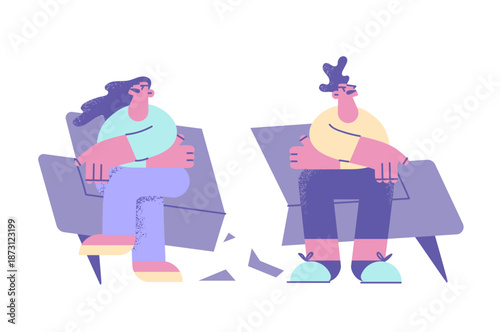 Angry couple sit on broken couch have fight