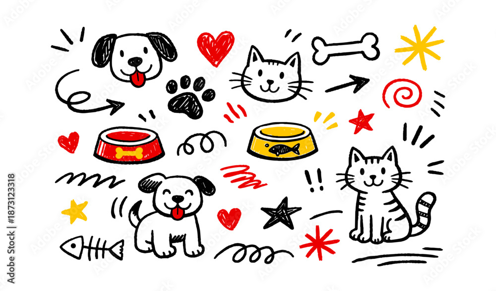 Fototapeta premium Cute hand-drawn doodle collection of pets, food bowls, and playful elements