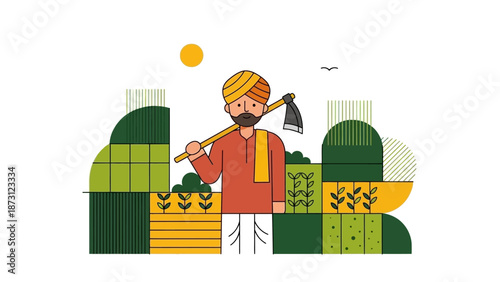 Indian Farmer with Hoe in Cultivated Fields - Flat Illustration