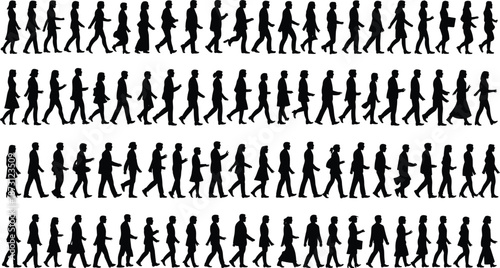 Large Collection of Walking Human Silhouettes Diverse vector illustration