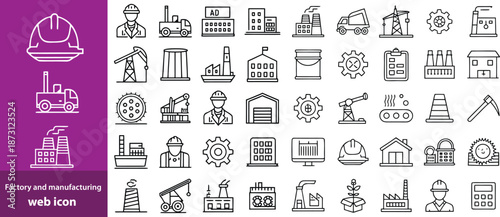 Factory and manufacturing Web Icon Set in Linear Style. Collection of manufacturing line icons, including automation, plants, industrial, production, machine, warehouse and more. Editable stroke 