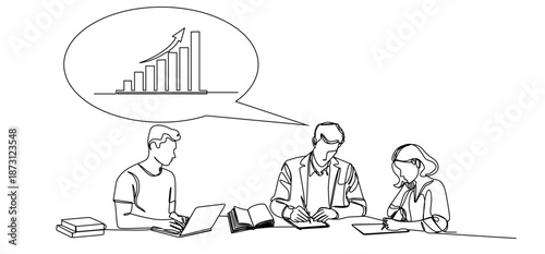 A continuous line drawing depicting a team of entrepreneurs working on laptops and displaying a growing bar graph, symbolizing financial success, data analysis, and an upward business trajectory.