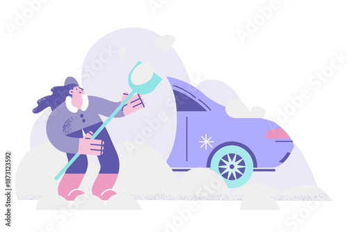 Woman dig out car from snow pile