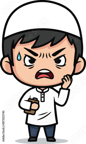 A cute Muslim boy character wearing a white Thobe and skullcap, looking very angry and frustrated with sweat drops on his forehead and an open mouth as if shouting.