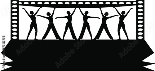 Silhouette Of Dancers On Stage With Spotlight And Banner For Text On White Background Keywords: silhouette, dancers, stage