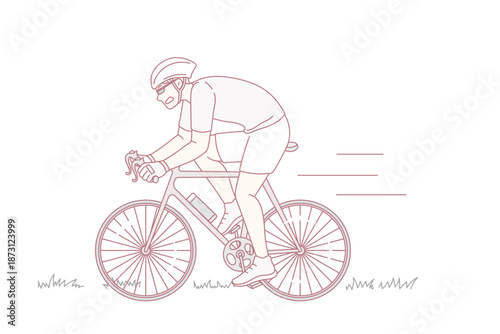 Racing cyclist and speed concept. Young man racing cyclist wearing sportswear and helmet making trip outdoors during summer vector illustration