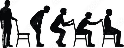 Silhouette Sequence of an Elderly Person Sitting Down and Standing Up with a Chair senior