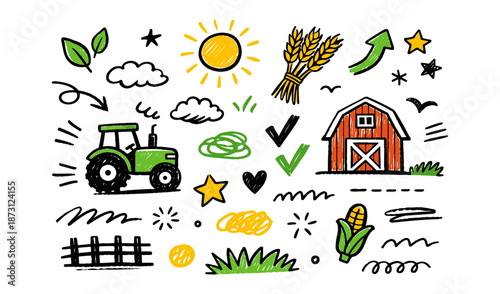 Doodle illustration of farm elements like a tractor, barn, and crops on a white background