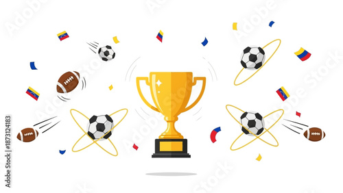Golden trophy with soccer and american footballs, confetti, and flags