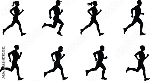 Silhouettes of men and women running in different poses and directions Keywords: running, jogging, athlete, sport, fitness