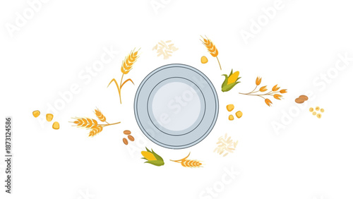 Grain Foods Around Plate: Wheat, Corn, Oats, Rice, Seeds