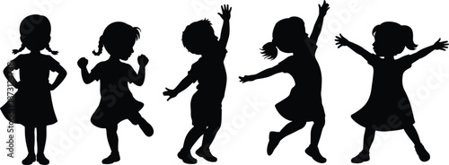Silhouettes of happy children jumping and dancing on white background kids girls