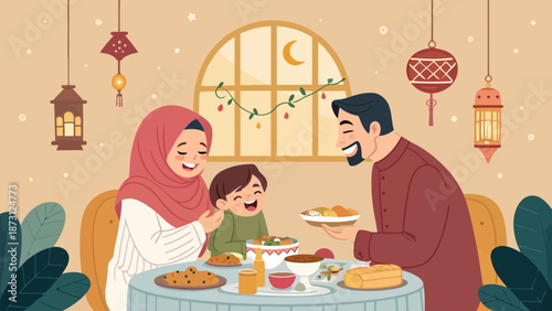 Warm and inviting illustration of a family gathered for Ramadan evening festivities and bonding