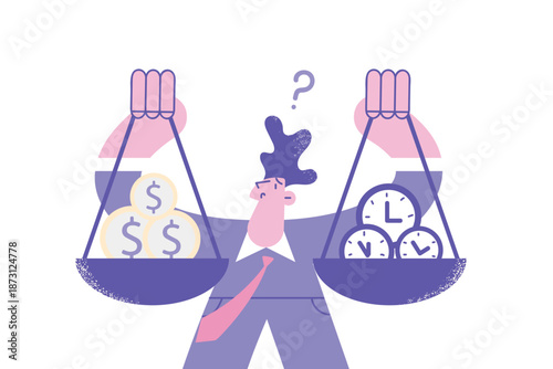 Confused businessman find balance between time and money