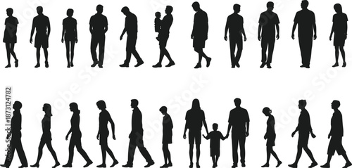 Silhouettes Of Men Women And Children In Different Poses On White Background Keywords: silhouette, people, men, women, children