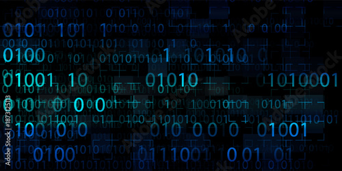 Blue Binary Data Software Programming Code Background. LLM GPT Tech Concept. Digital Data Technology. 1 0 Machine Code. Random Binary Data Matrix Wide Vector Illustration.