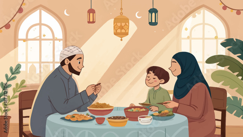 Soft Minimalist Ramadan Family Scene Illustration with Gentle Colors for Islamic Greeting Card Background